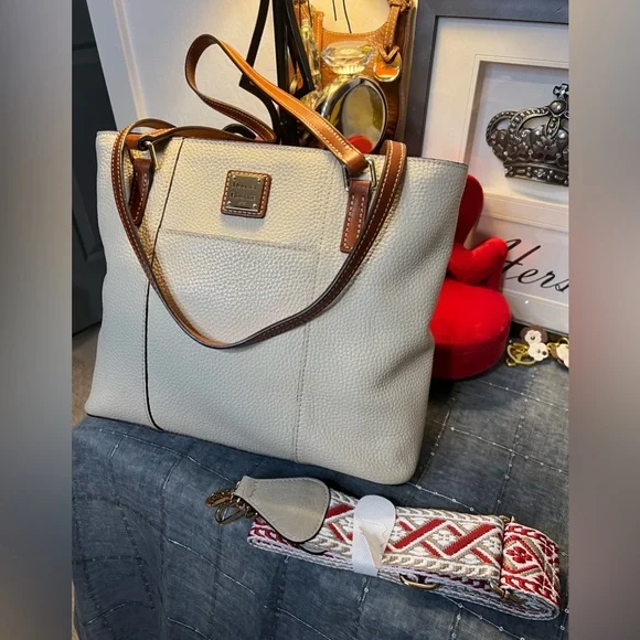 Dooney & Bourke Cream & Brown Pebble Leather Small Lexington Shopper Tote Bag